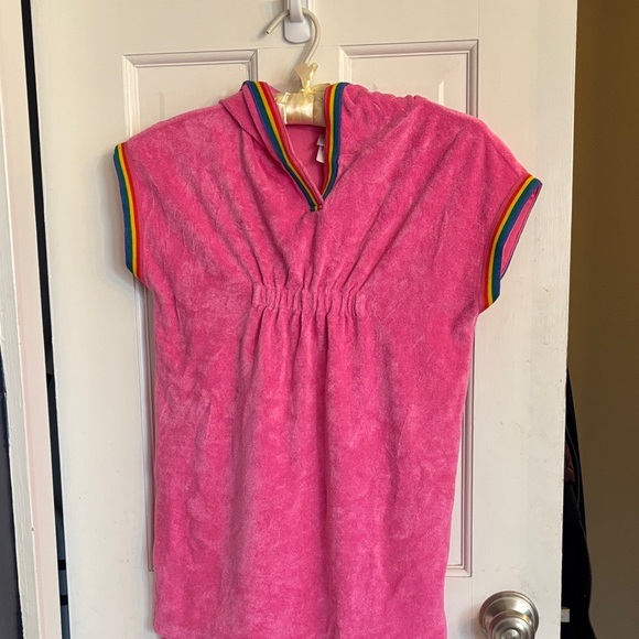 Hanna Andersson Terry Cloth Pink Hooded Swim Cover-Up Rainbow Trim SZ S Girls - Picture 6 of 6